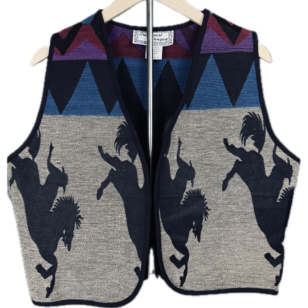 VTG Southwest Canyon Western Open Vest Womens L Aztec Horse Print Tapestry Weave
